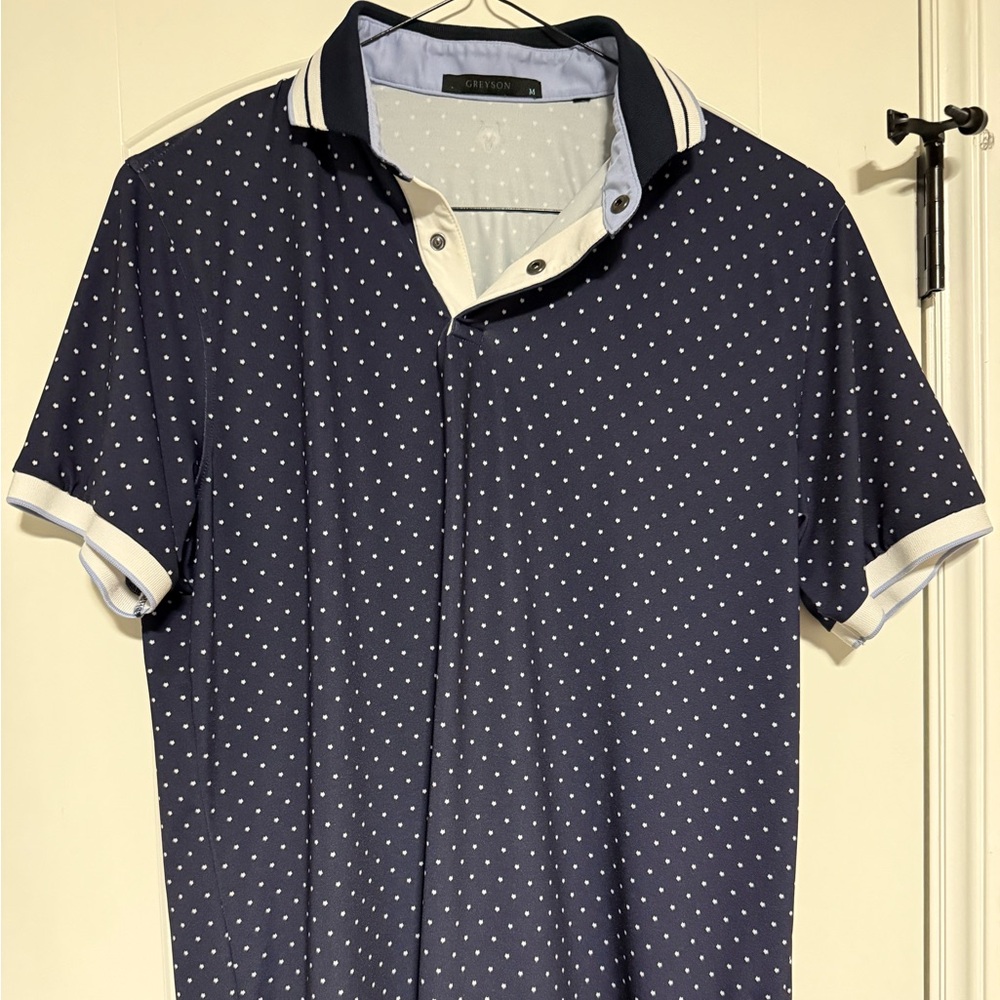 Greyson Navy Polo with White Microdot Print